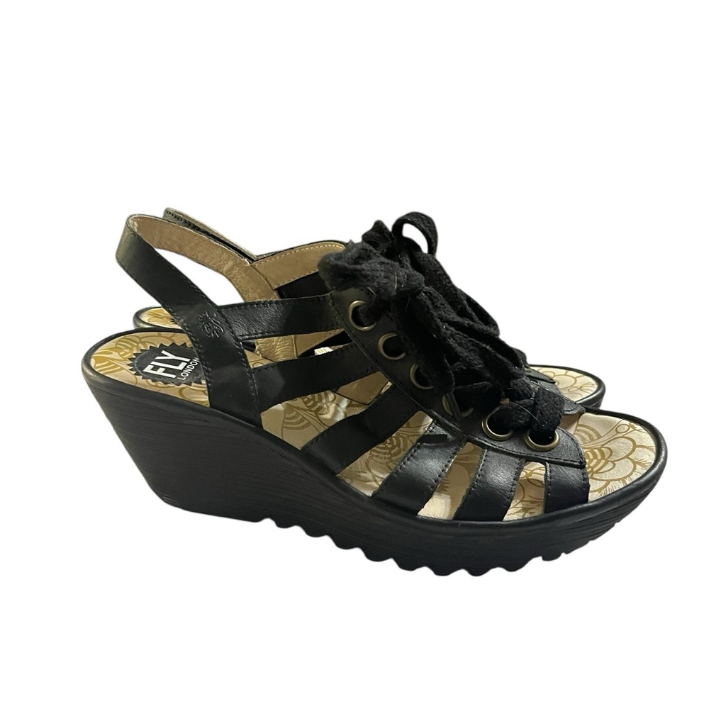 FLY London Ylfa Wedge Black Leather Lace Up Sandals Size 40